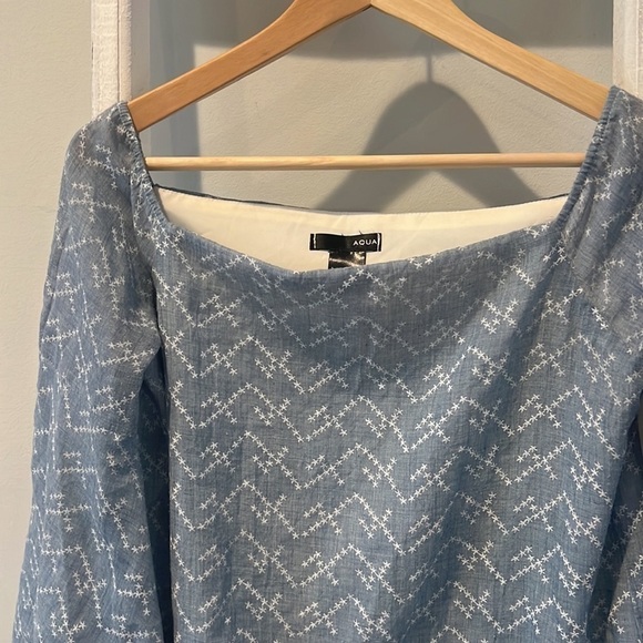 𝅺aqua chambray off the shoulder print boho linen blend dtess large - Picture 4 of 10